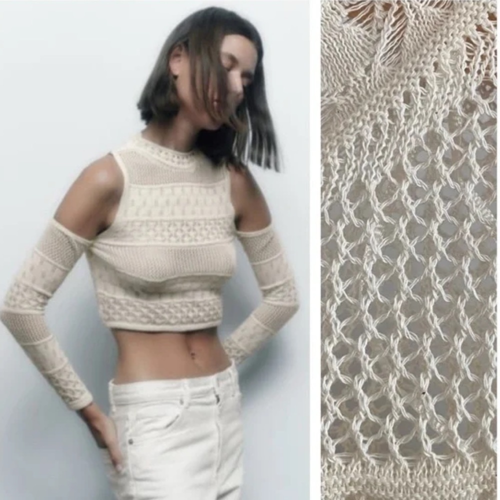 Zara Pointelle Knit Crochet Cutout Long Sleeve Crop Top M